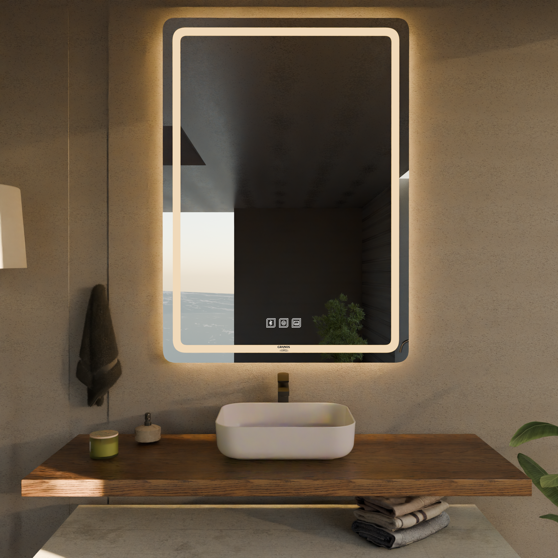 Dokunmatik Buğu Önleyicili Bluetoothlu Dikdörtgen LED Ayna