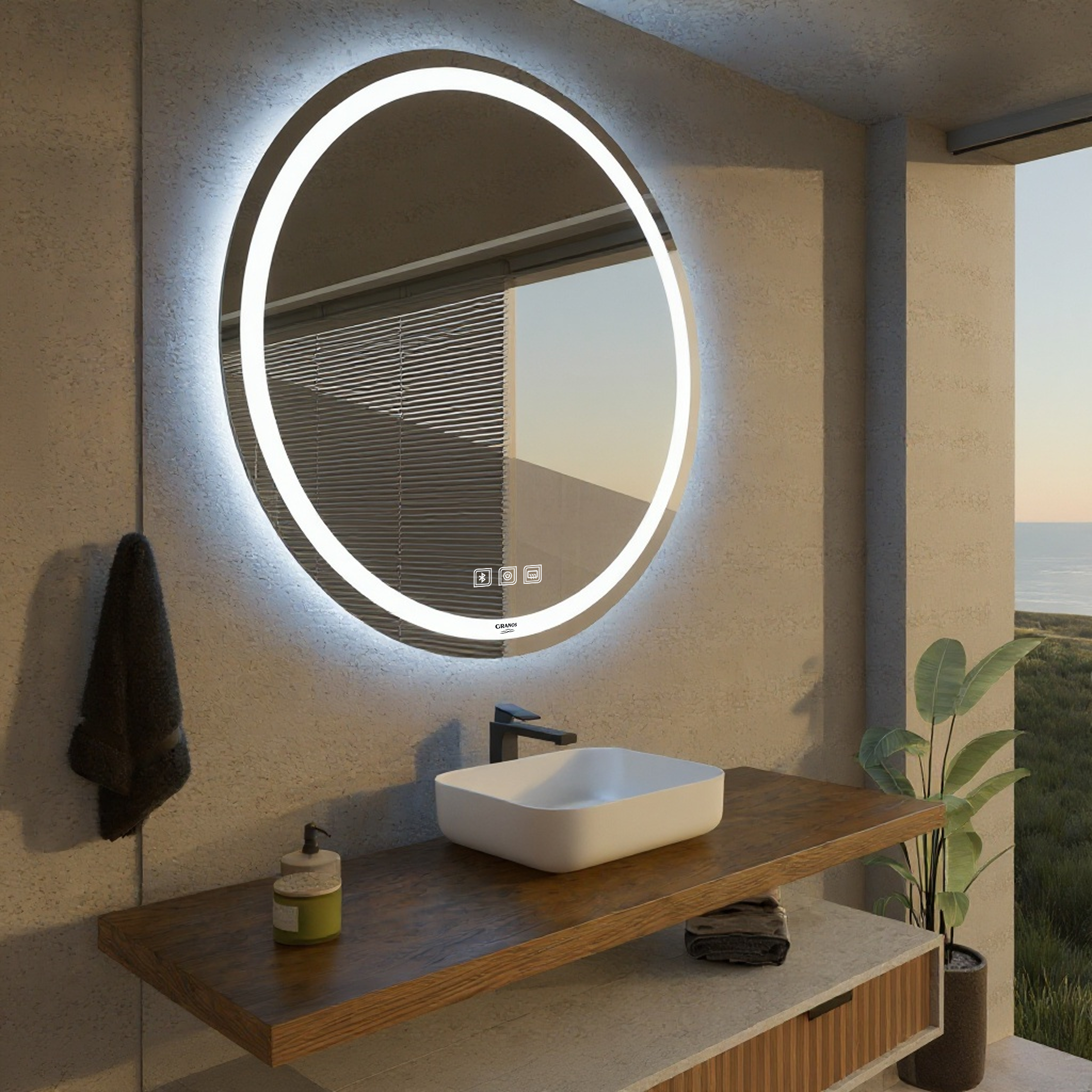 Dokunmatik Buğu Önleyicili Bluetoothlu Yuvarlak LED Ayna