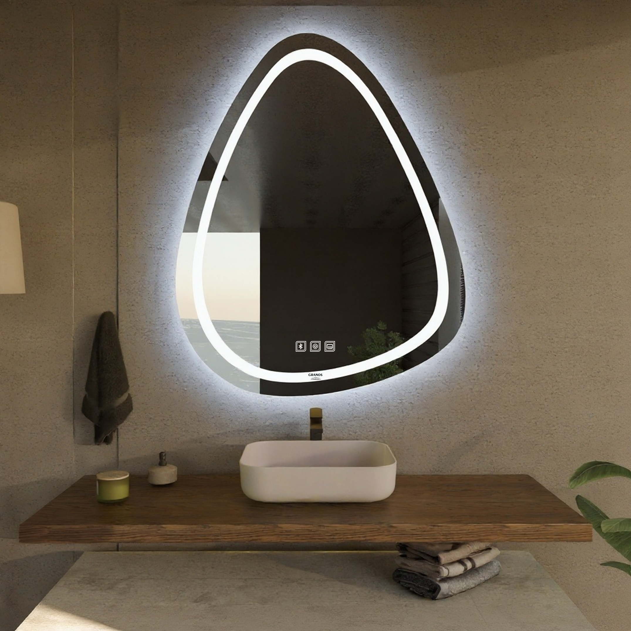 Dokunmatik Buğu Önleyicili Bluetoothlu Asimetrik LED Ayna